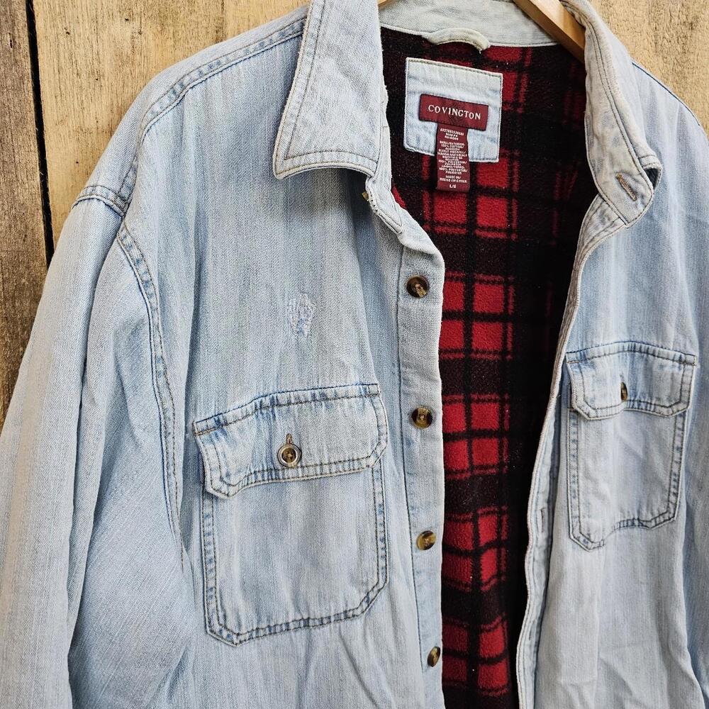 Distressed Denim Shacket Large Soft Poly Buffalo Plaid Lining Pockets
